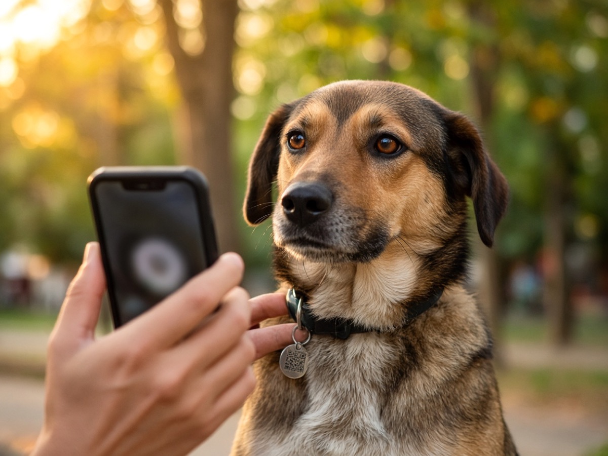 Una persona inquadra con lo smartphone la medaglietta con QR sul collare di un cane trovato al parco